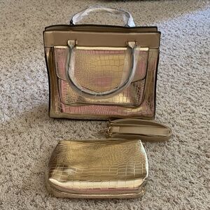 Gold Croc-Embossed Women’s Handbag with Matching Pouch